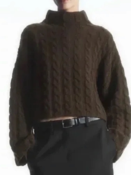 Chunky chocolate cable knit cropped turtleneck - Picture 1 of 8
